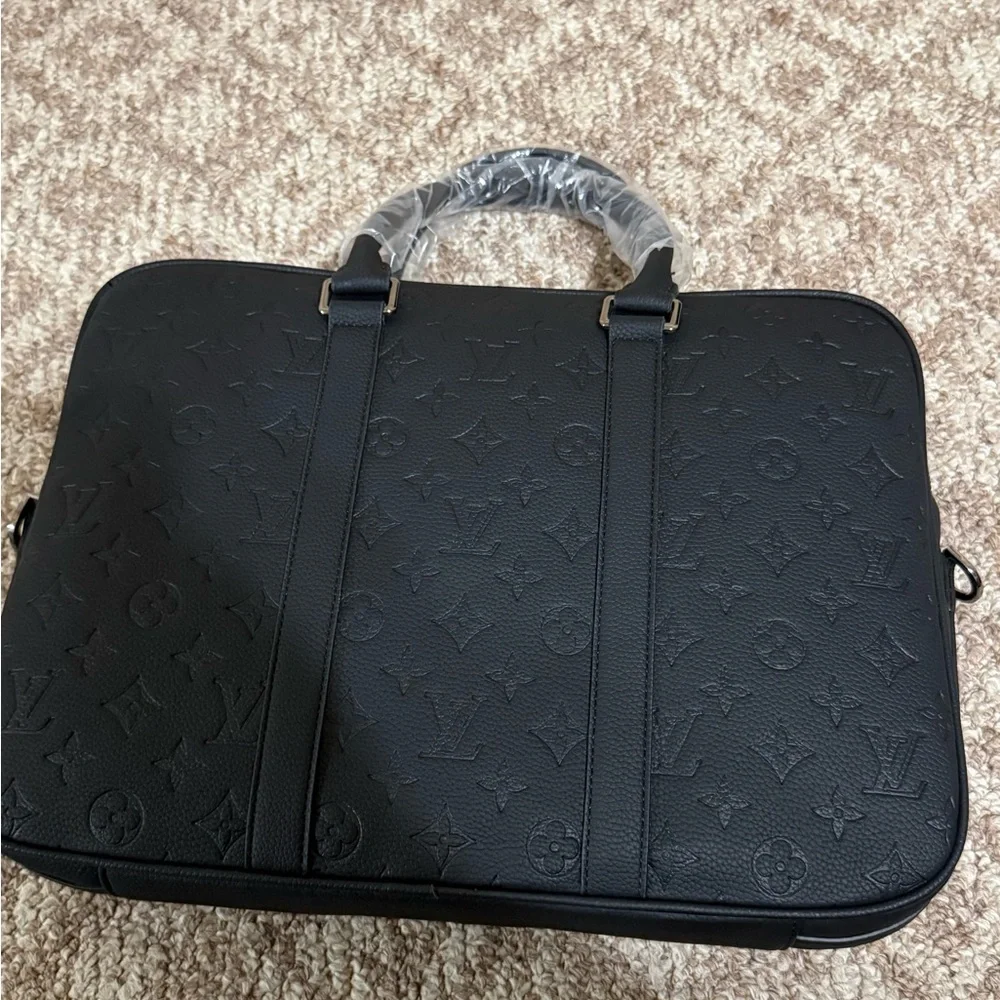 Black Monogram Embossed Leather Briefcase Laptop Bag